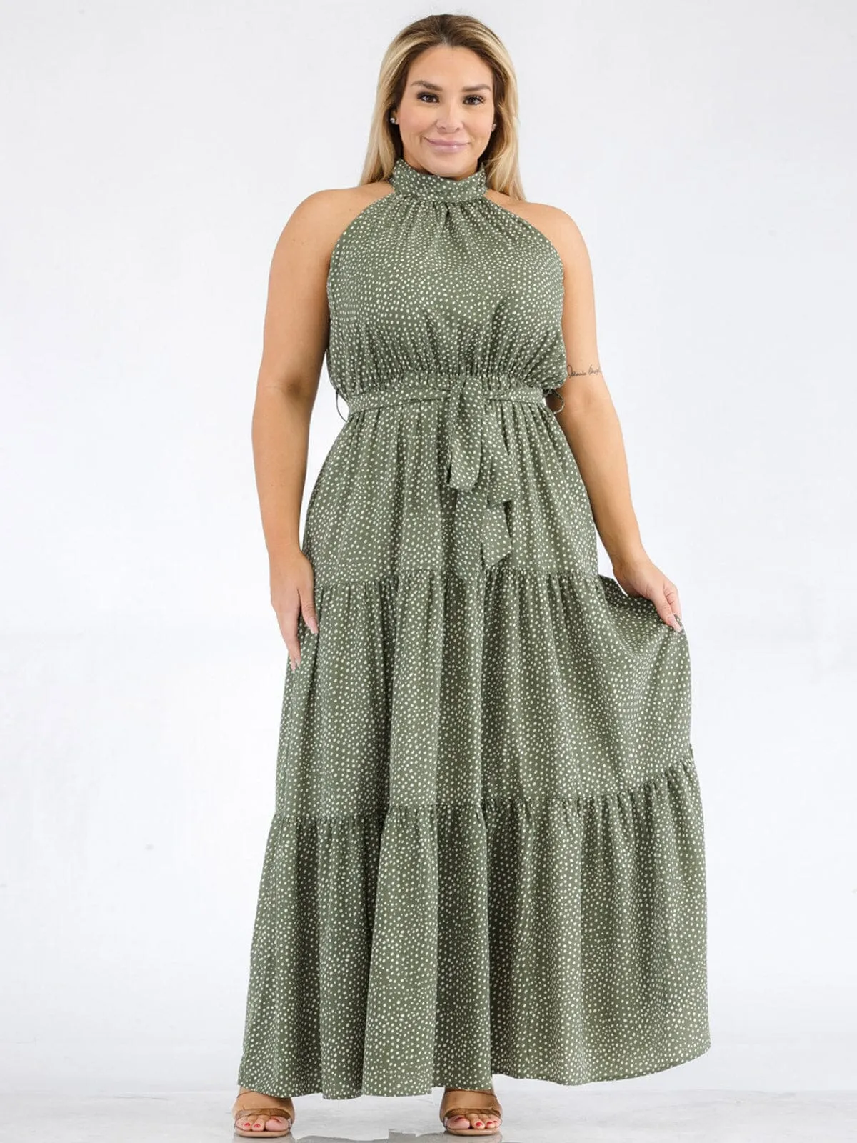 PLUS SIZE SLEEVELESS HALTER NECK ELASTIC WAIST POLKA DOTS MAXI DRESS