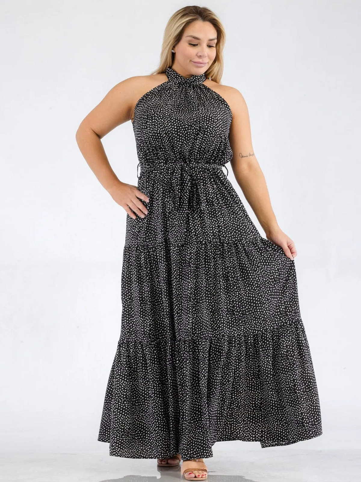 PLUS SIZE SLEEVELESS HALTER NECK ELASTIC WAIST POLKA DOTS MAXI DRESS