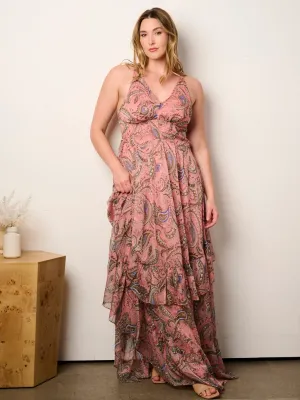 PLUS SIZE SLEEVELESS OPEN BACK V-NECK PAISLEY MAXI DRESS