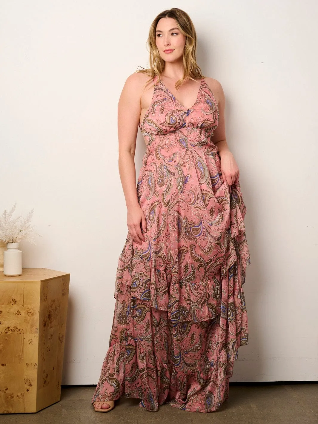 PLUS SIZE SLEEVELESS OPEN BACK V-NECK PAISLEY MAXI DRESS