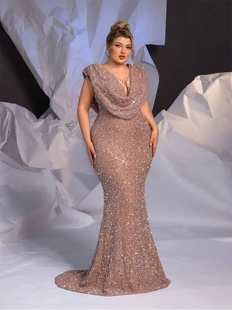 Plus size sleeveless sparkling evening dress