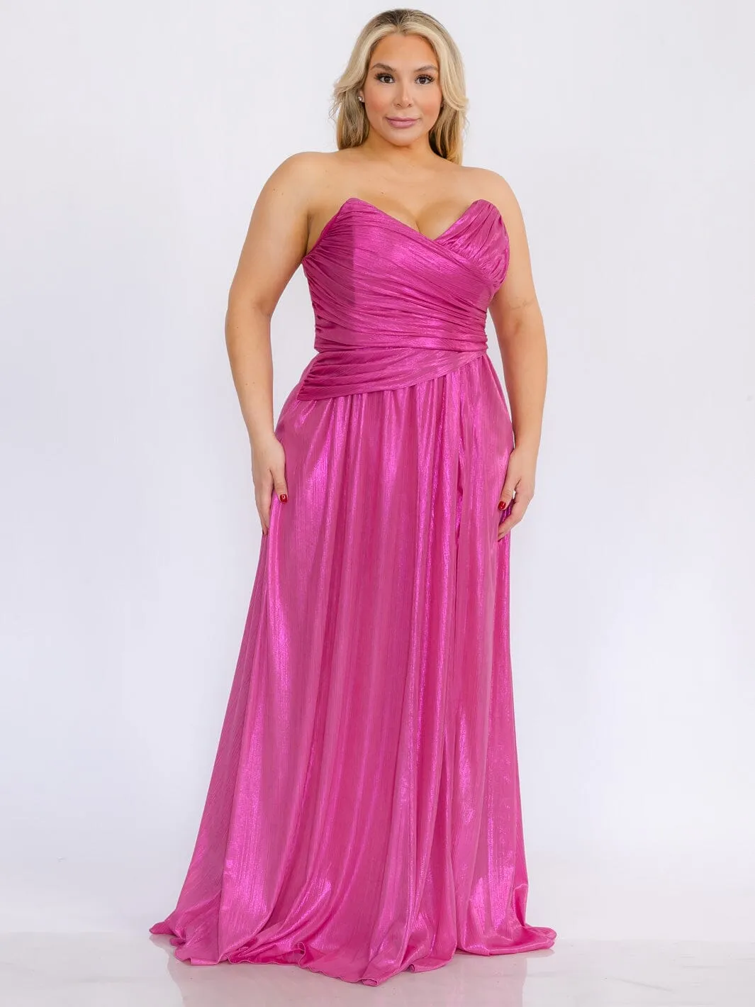 PLUS SIZE SLEEVELESS SURPLICE FRONT SLIT SHIMMER MAXI DRESS