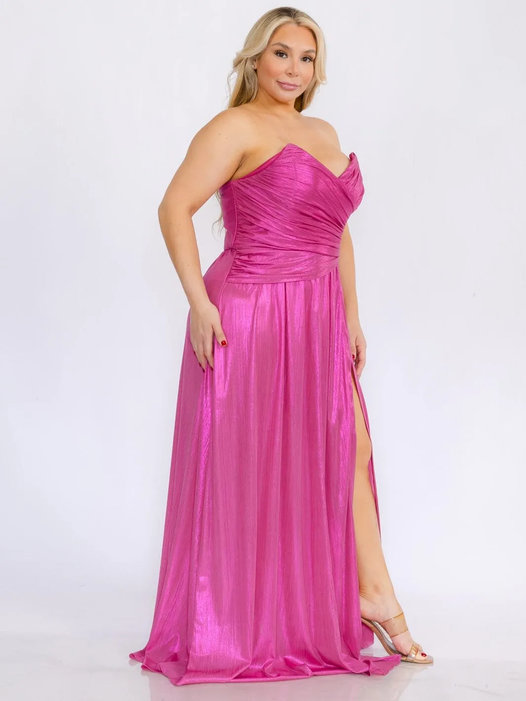 PLUS SIZE SLEEVELESS SURPLICE FRONT SLIT SHIMMER MAXI DRESS