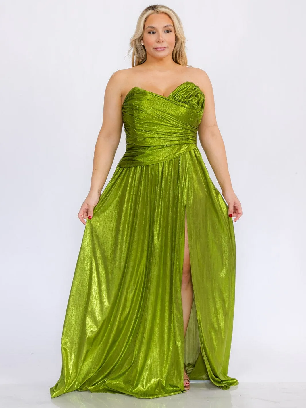 PLUS SIZE SLEEVELESS SURPLICE FRONT SLIT SHIMMER MAXI DRESS