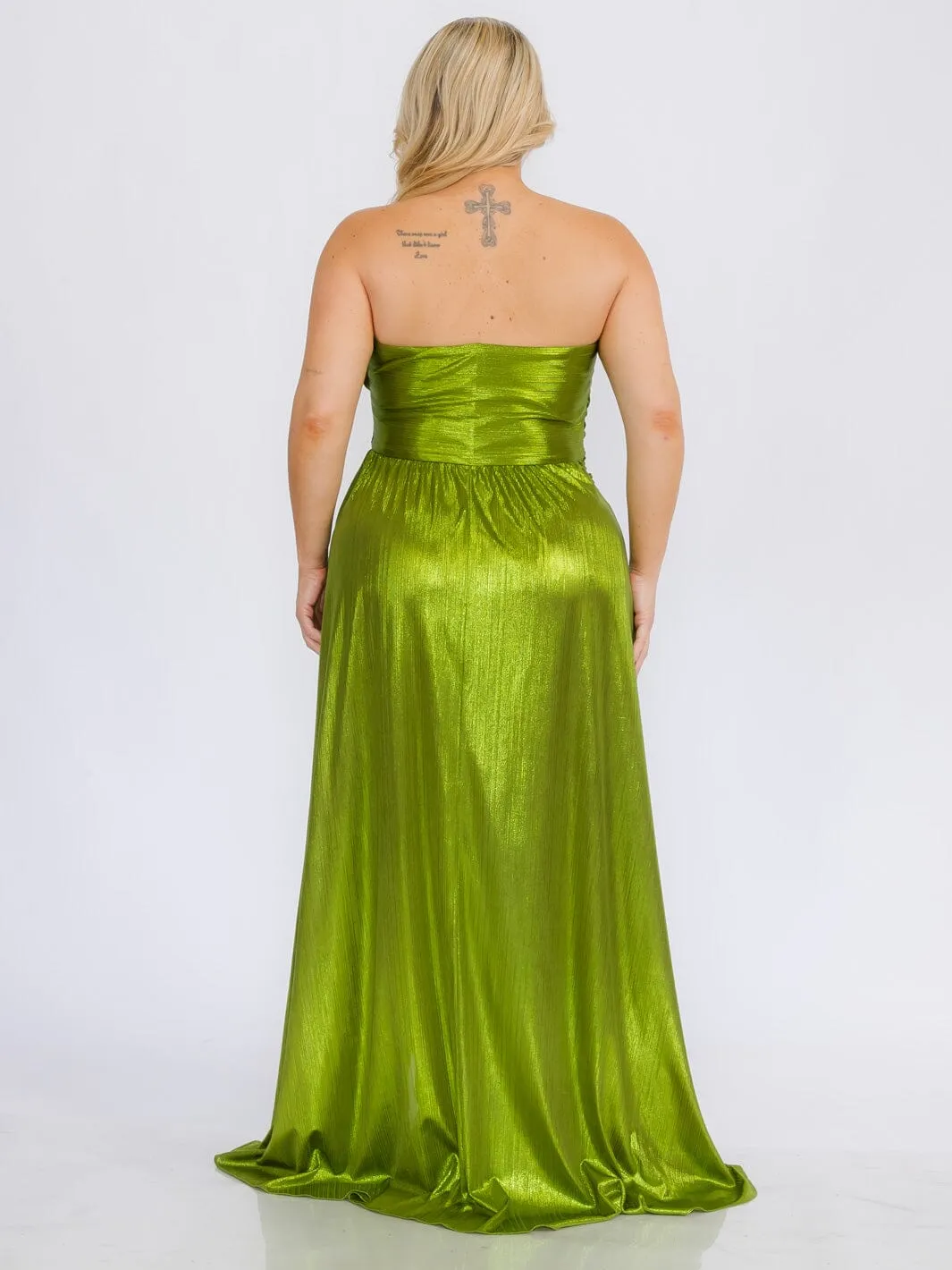 PLUS SIZE SLEEVELESS SURPLICE FRONT SLIT SHIMMER MAXI DRESS