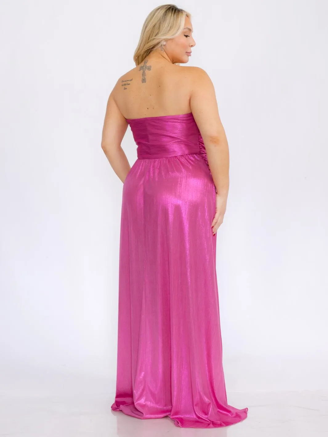 PLUS SIZE SLEEVELESS SURPLICE FRONT SLIT SHIMMER MAXI DRESS