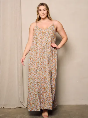 PLUS SIZE SLEEVELESS V-NECK FLORAL MAXI DRESS
