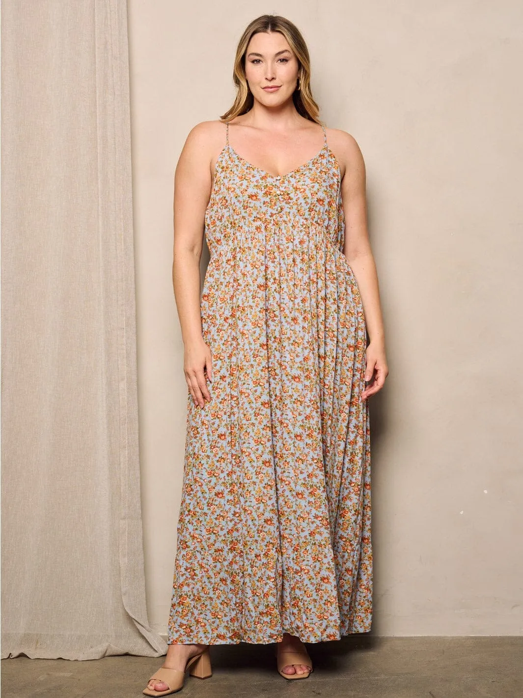PLUS SIZE SLEEVELESS V-NECK FLORAL MAXI DRESS