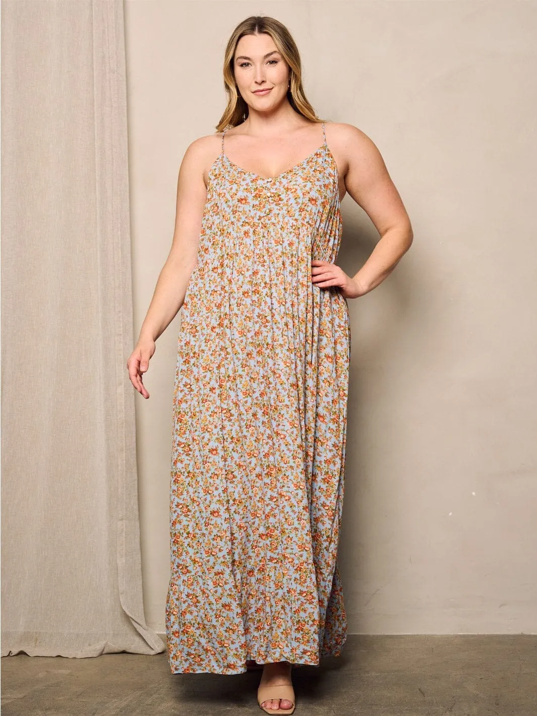 PLUS SIZE SLEEVELESS V-NECK FLORAL MAXI DRESS