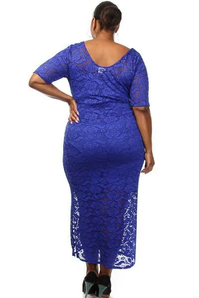 Plus Size Solid Sexy Lace Maxi Dress