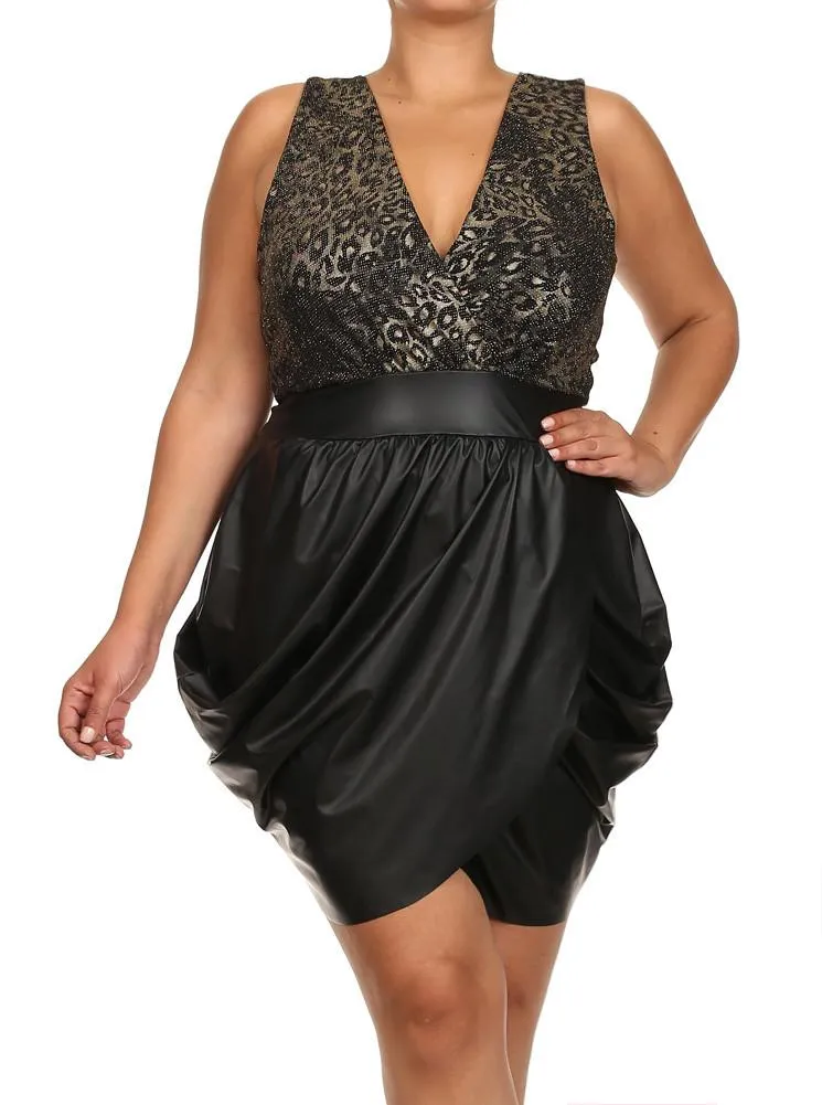Plus Size Sparkling Leopard Print Leather Bubble Gold Dress