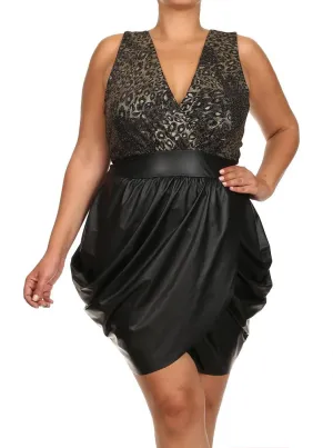 Plus Size Sparkling Leopard Print Leather Bubble Gold Dress
