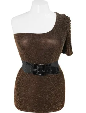 Plus Size Sparkling One Shoulder Belt Gold Top