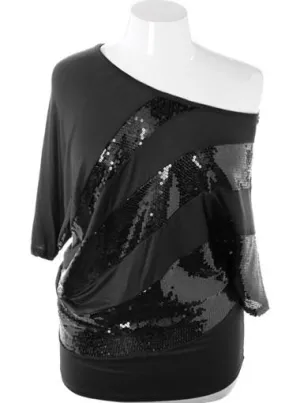 Plus Size Sparkling One Shoulder Black Mini Dress