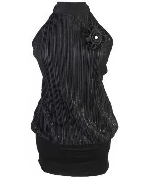 Plus Size Sparkling Pleated Flower Black Long Halter