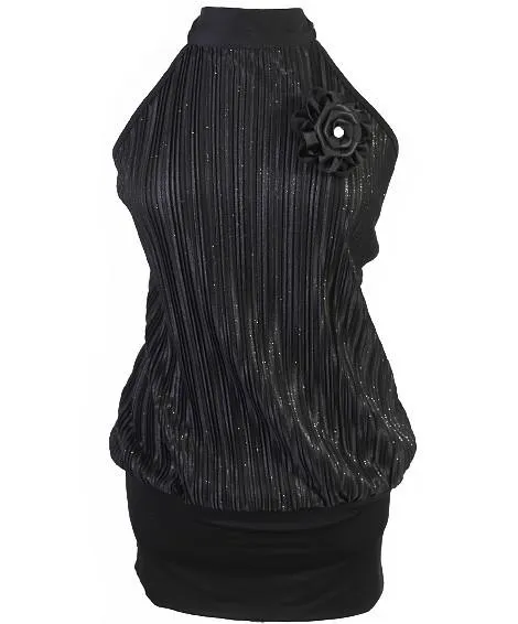 Plus Size Sparkling Pleated Flower Black Long Halter