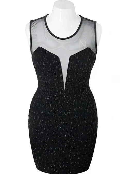 Plus Size Sparkling Scuba Mesh Black Dress