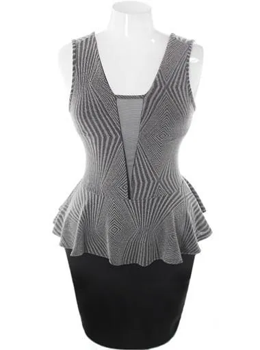 Plus Size Sparkling Scuba Mesh Peplum Silver Dress