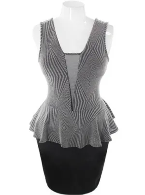 Plus Size Sparkling Scuba Mesh Peplum Silver Dress