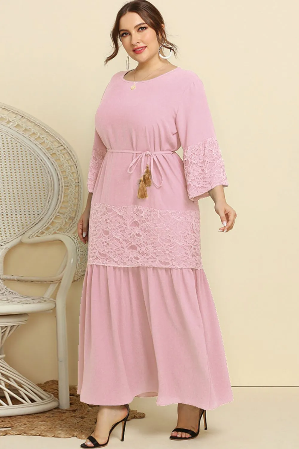 Plus Size Spliced Tassel Belted Maxi Dress