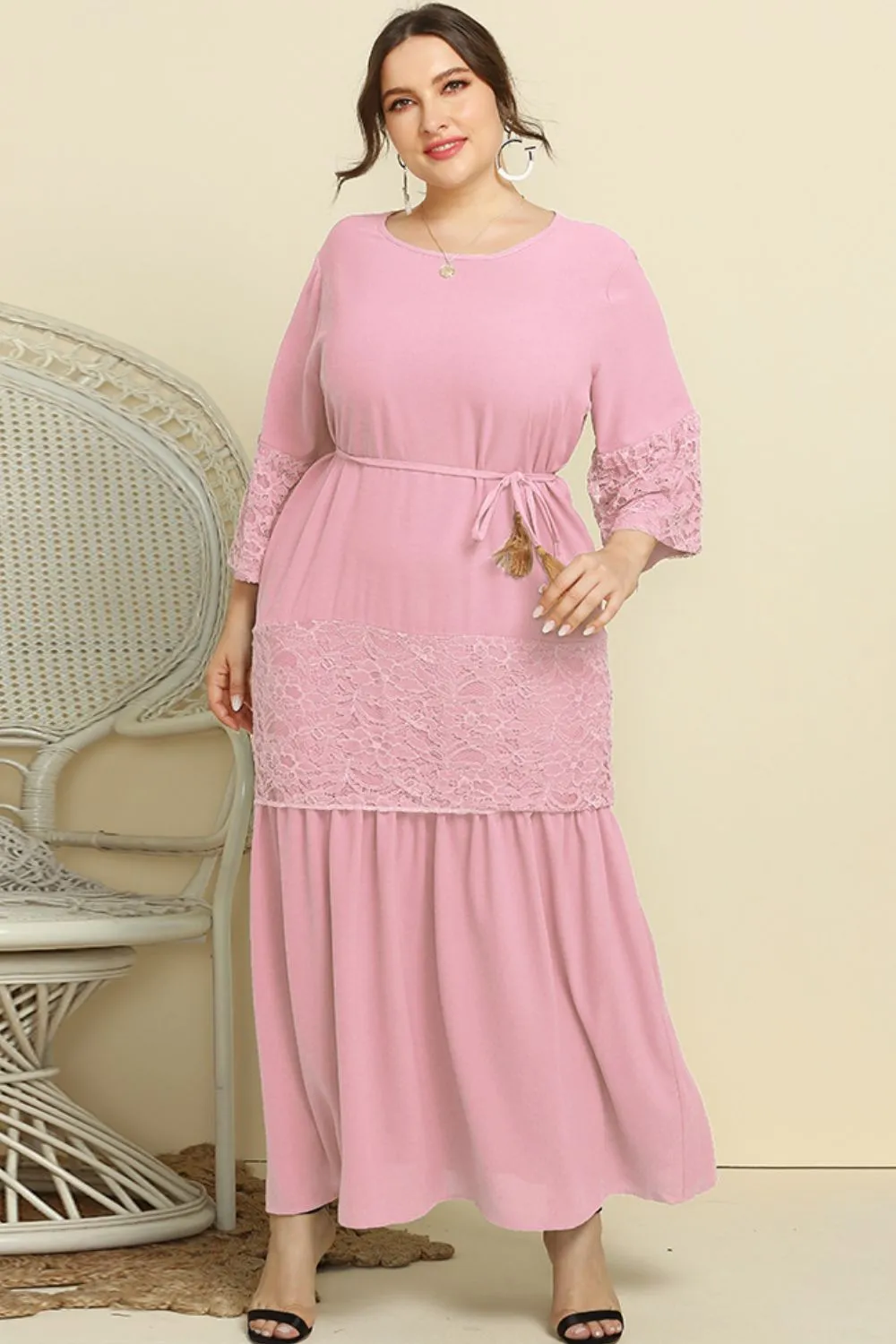 Plus Size Spliced Tassel Belted Maxi Dress