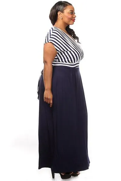 Plus Size Striped Waist Tie Maxi Dress