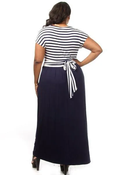 Plus Size Striped Waist Tie Maxi Dress