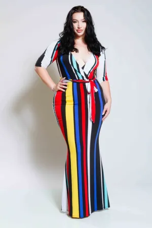 Plus Size Surplice Striped Maxi Dress