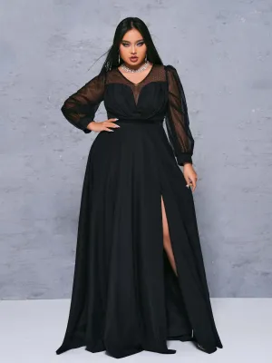 Plus Size V-neck A-line Split Panel Maxi Dress PM21130