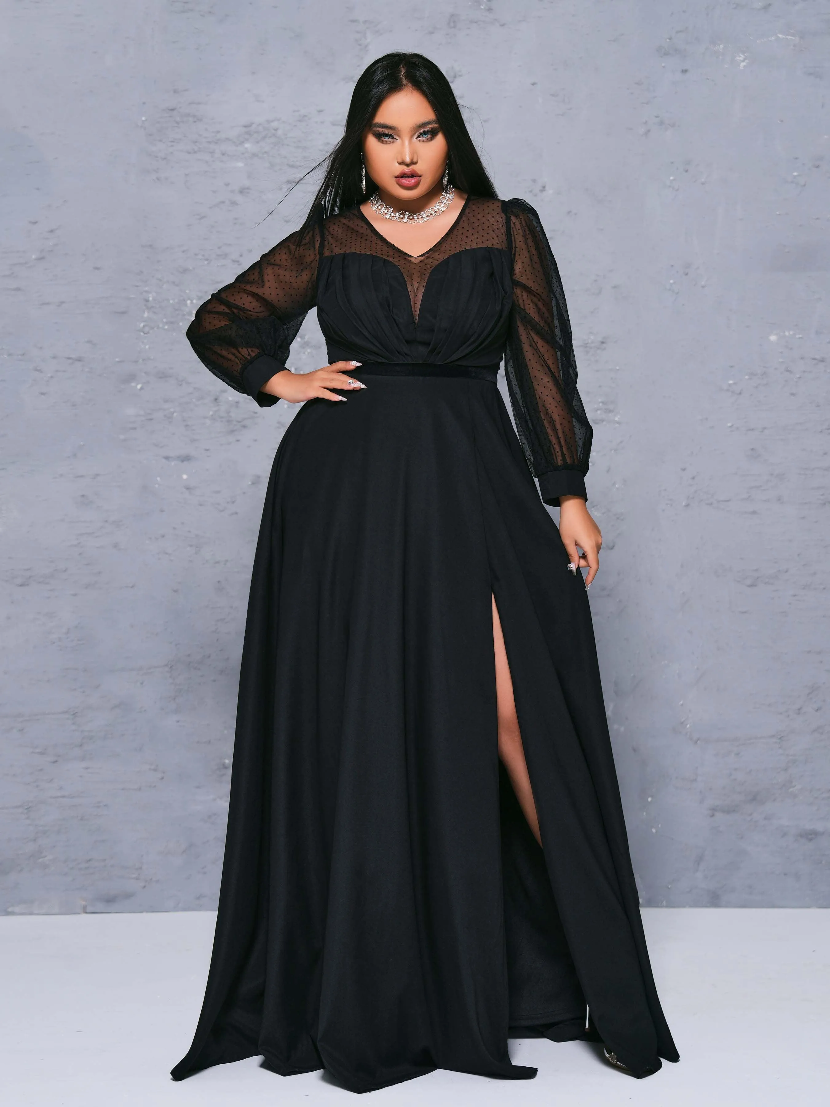 Plus Size V-neck A-line Split Panel Maxi Dress PM21130