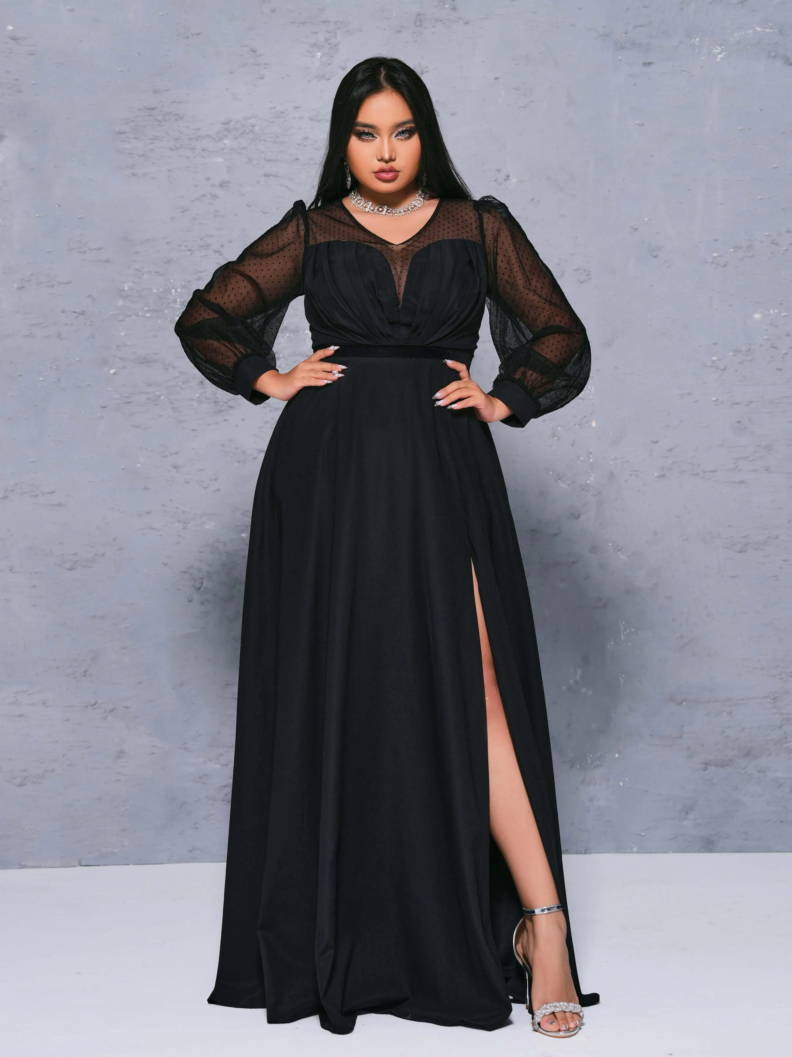 Plus Size V-neck A-line Split Panel Maxi Dress PM21130