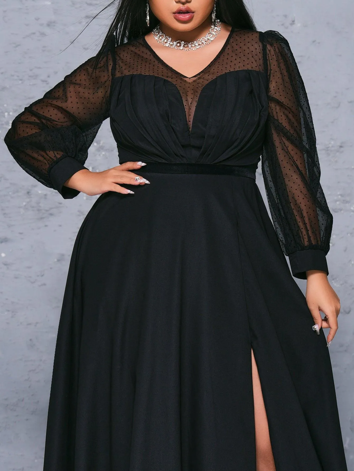 Plus Size V-neck A-line Split Panel Maxi Dress PM21130