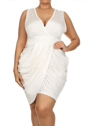 Plus Size V Neck Bubble Pearl White Dress