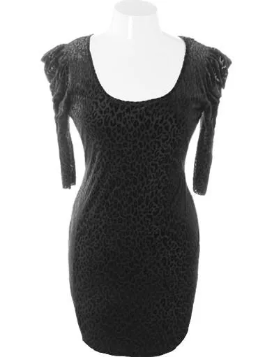 Plus Size Velvet Leopard Bold Shoulder Black Dress
