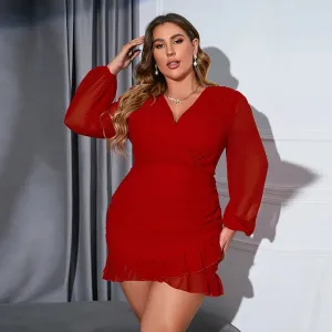 Plus Size Women Elegant Dresses Fashion V-neck Long-sleeved Chiffon Dress Sexy Lady Ruffle Solid Color Short Dress For Female
