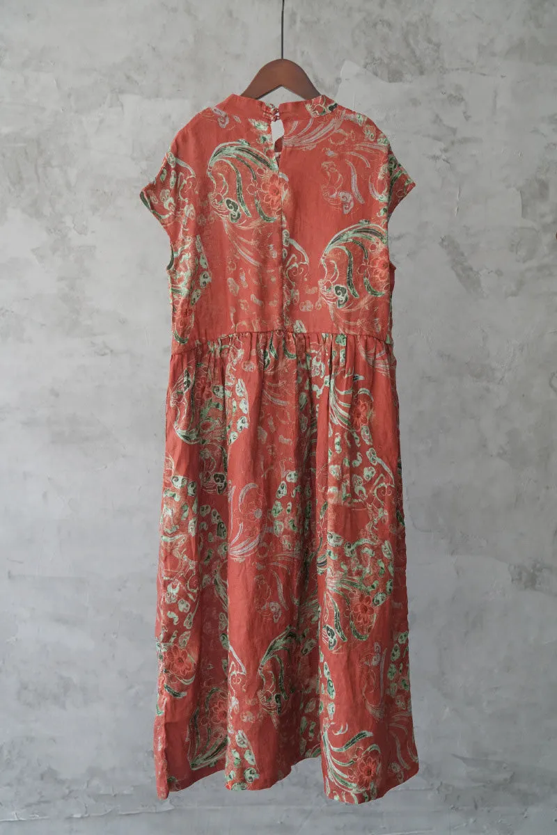 Plus Size Women Summer Ethnic Flower Ramie Dress