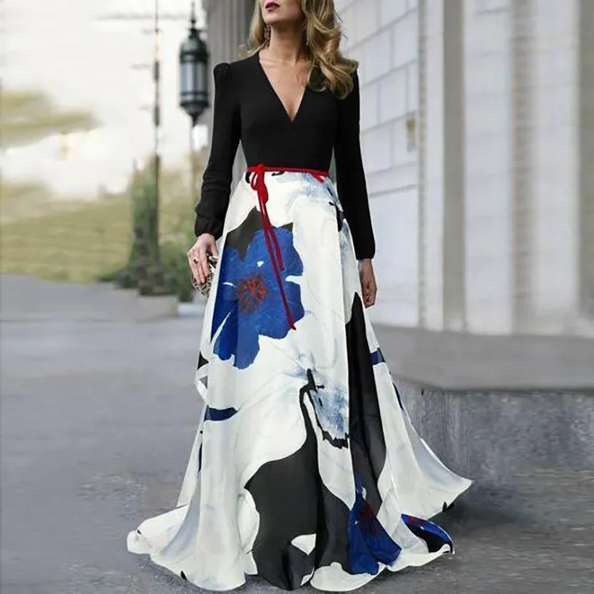 Plus Sizes V Neck Long Sleeves Dresses with Belt