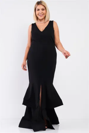 Plus Sleeveless V-neck Front Slip Layered Flare Hem Maxi Mermaid Dress