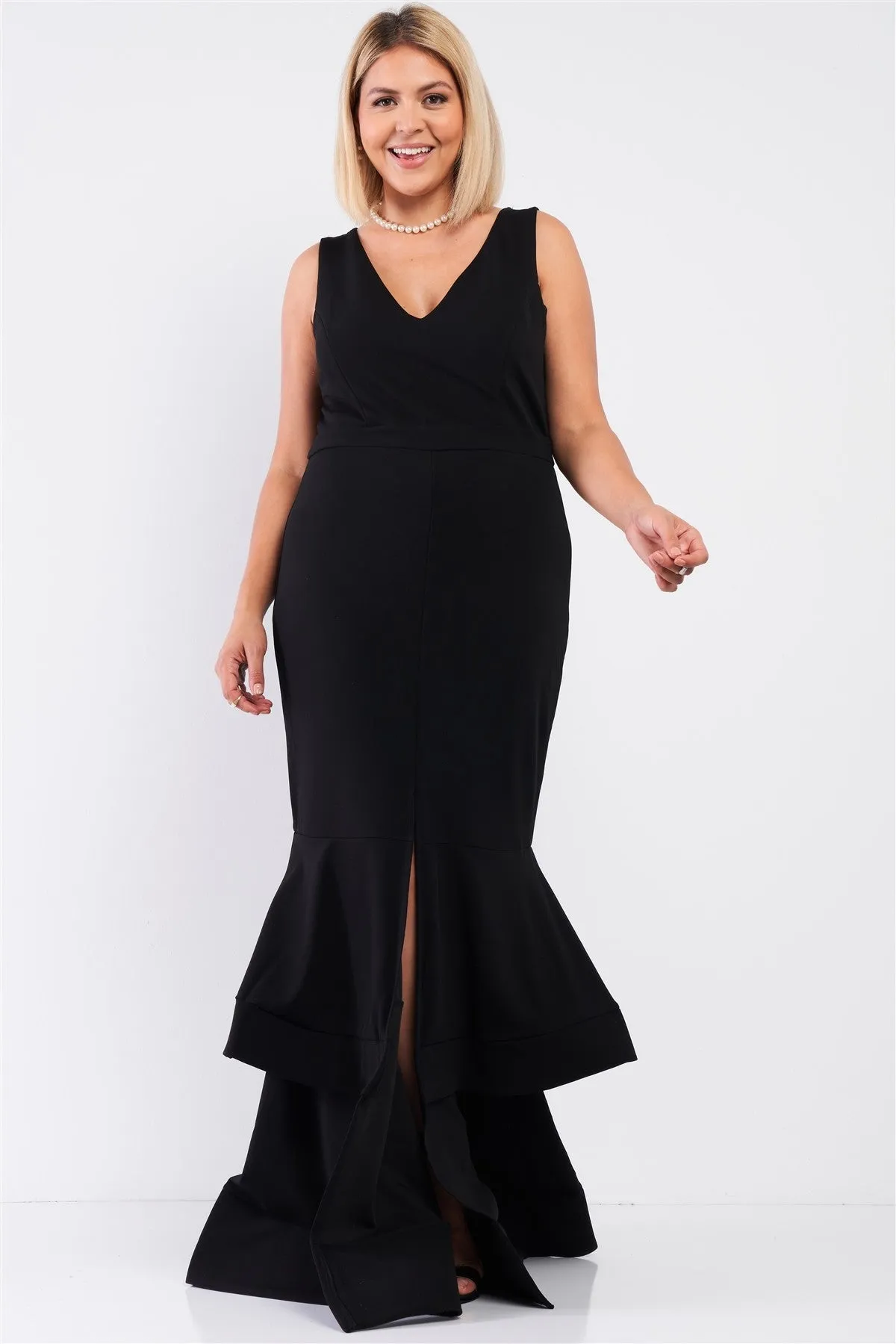 Plus Sleeveless V-neck Front Slip Layered Flare Hem Maxi Mermaid Dress