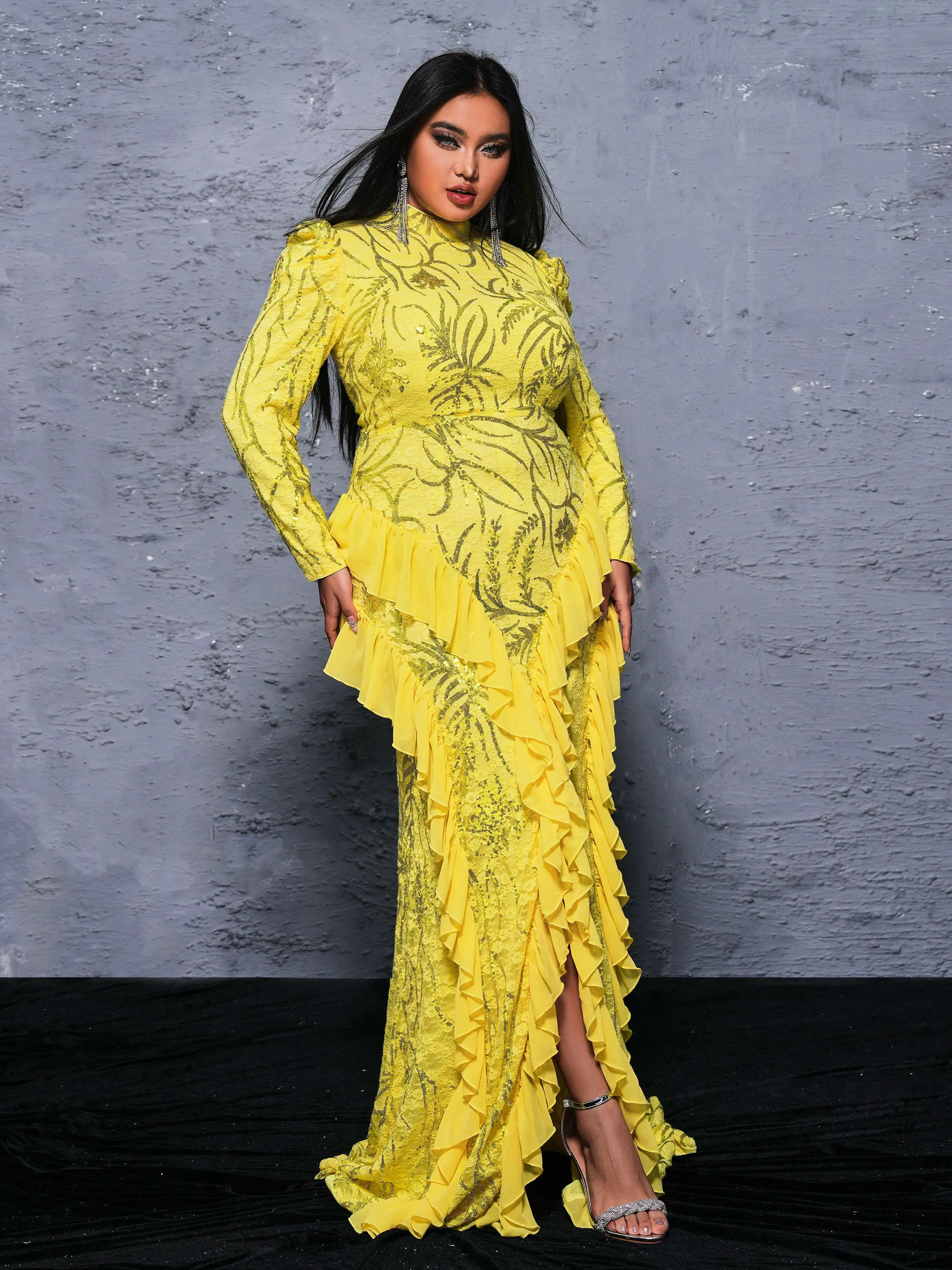 Plus Stand Collar Ruffled Irregular Hem Dress PRX70029