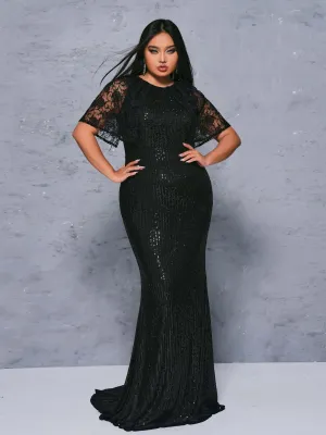 Plus Tulle Panel Sequin Mermaid Dress PRX70093