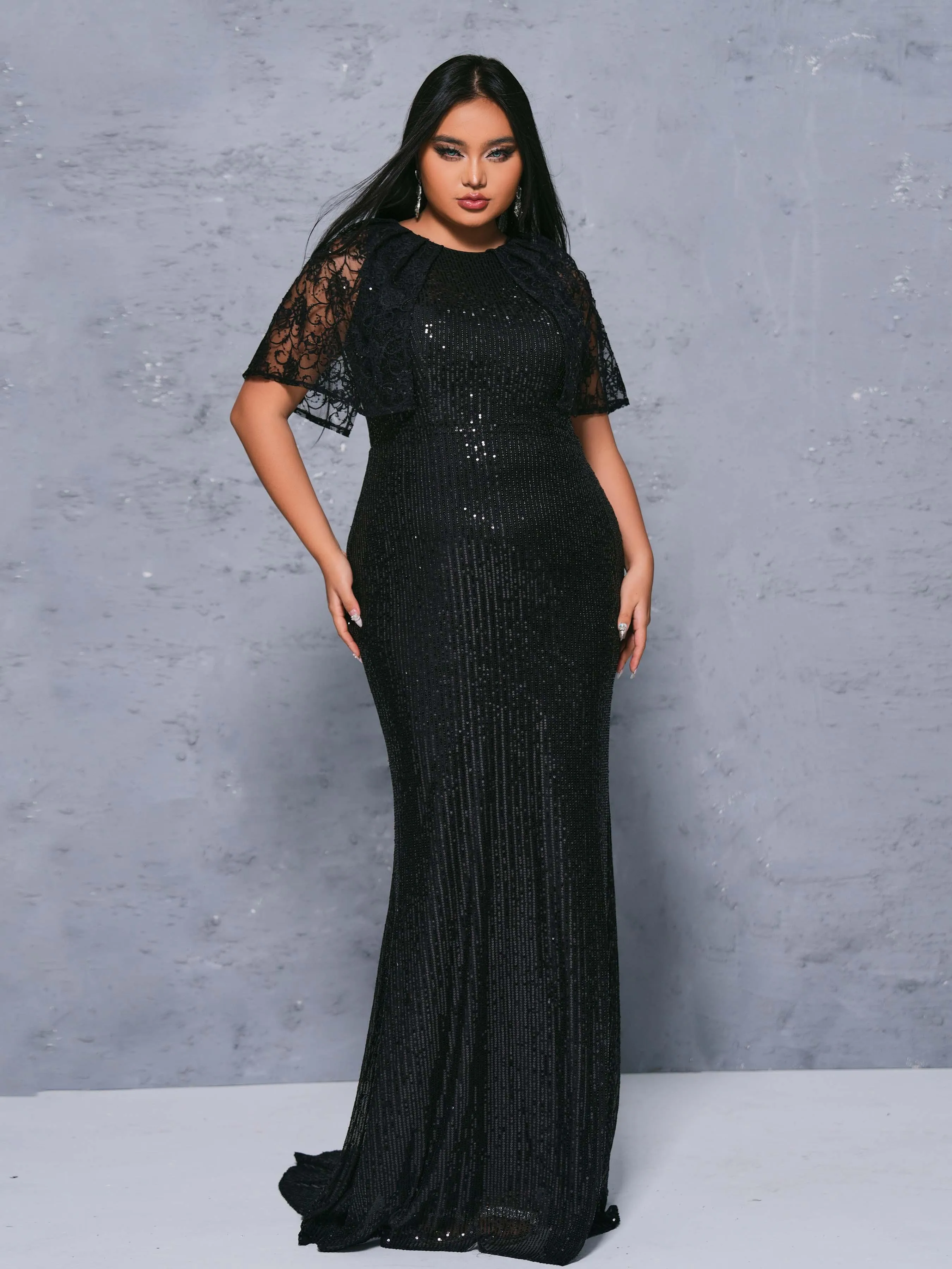 Plus Tulle Panel Sequin Mermaid Dress PRX70093
