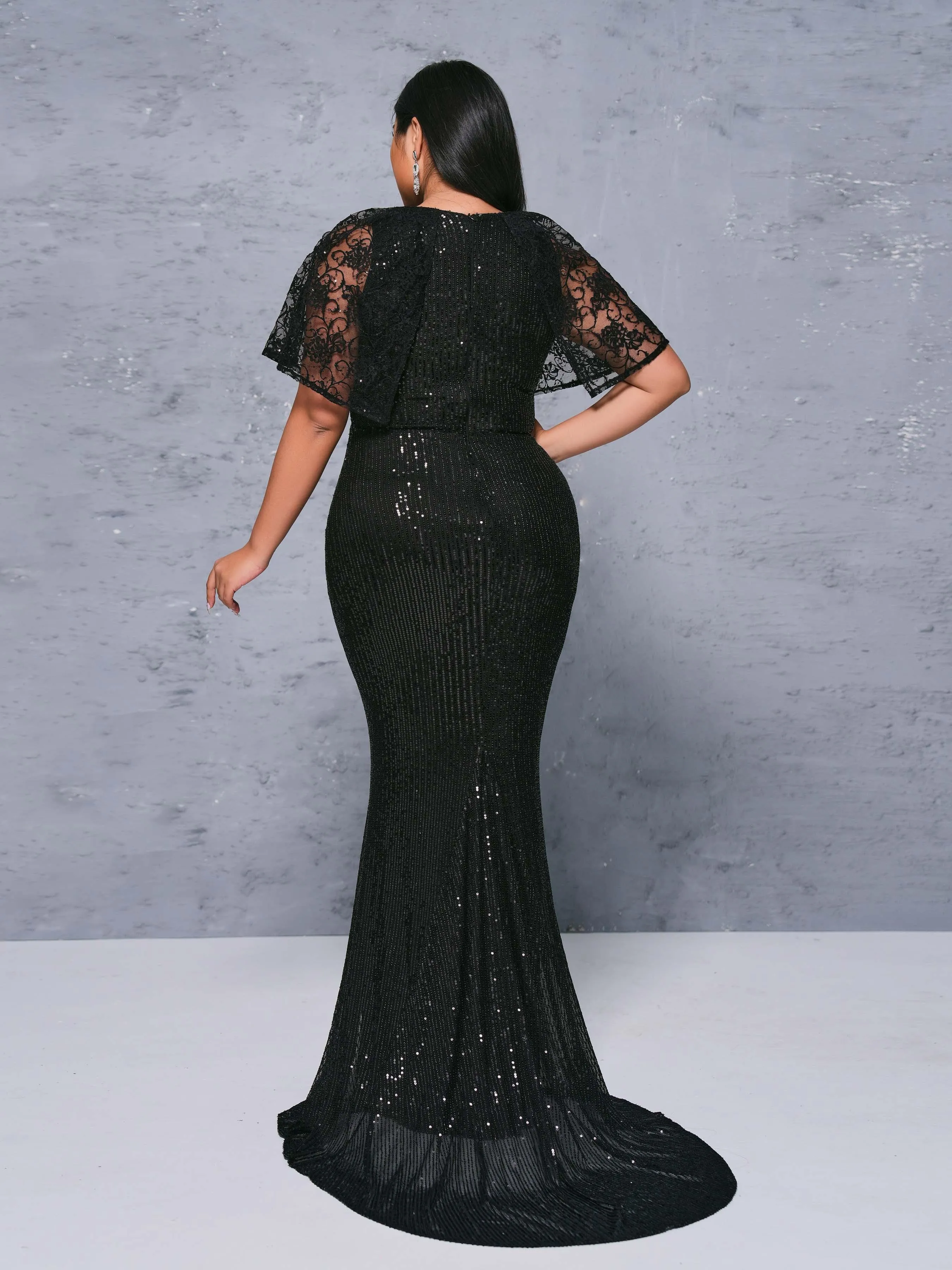 Plus Tulle Panel Sequin Mermaid Dress PRX70093