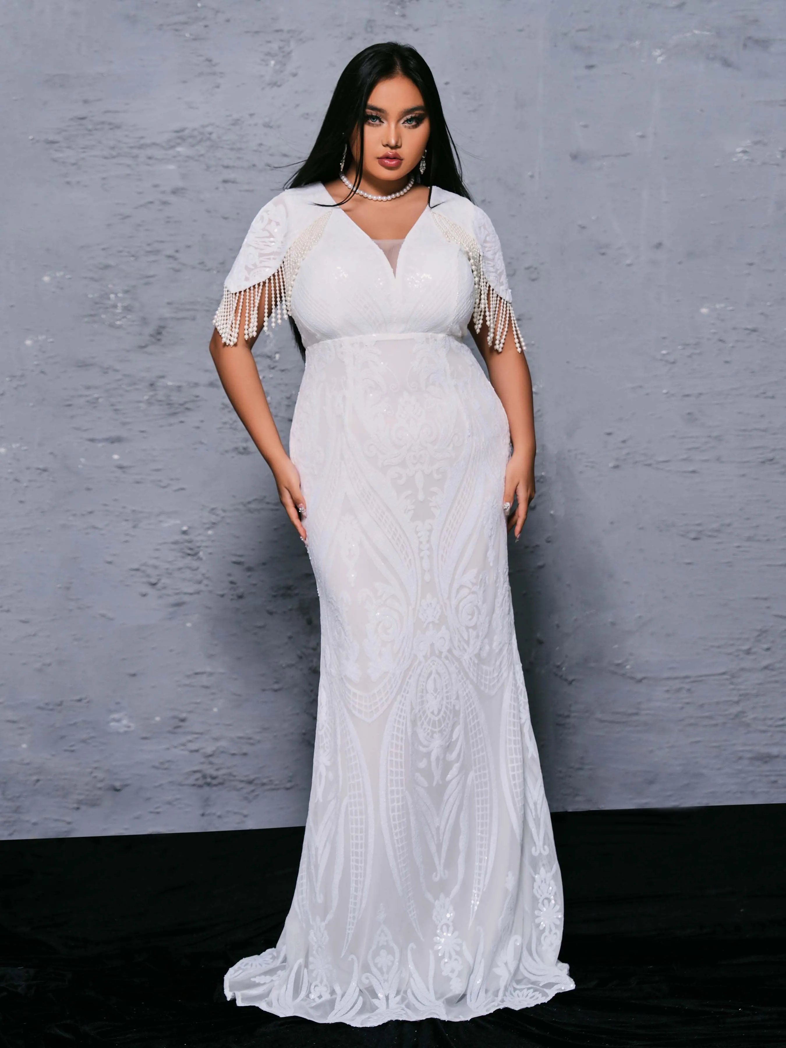 Plus V-Neck Pearl White Mermaid Dress PRX70092