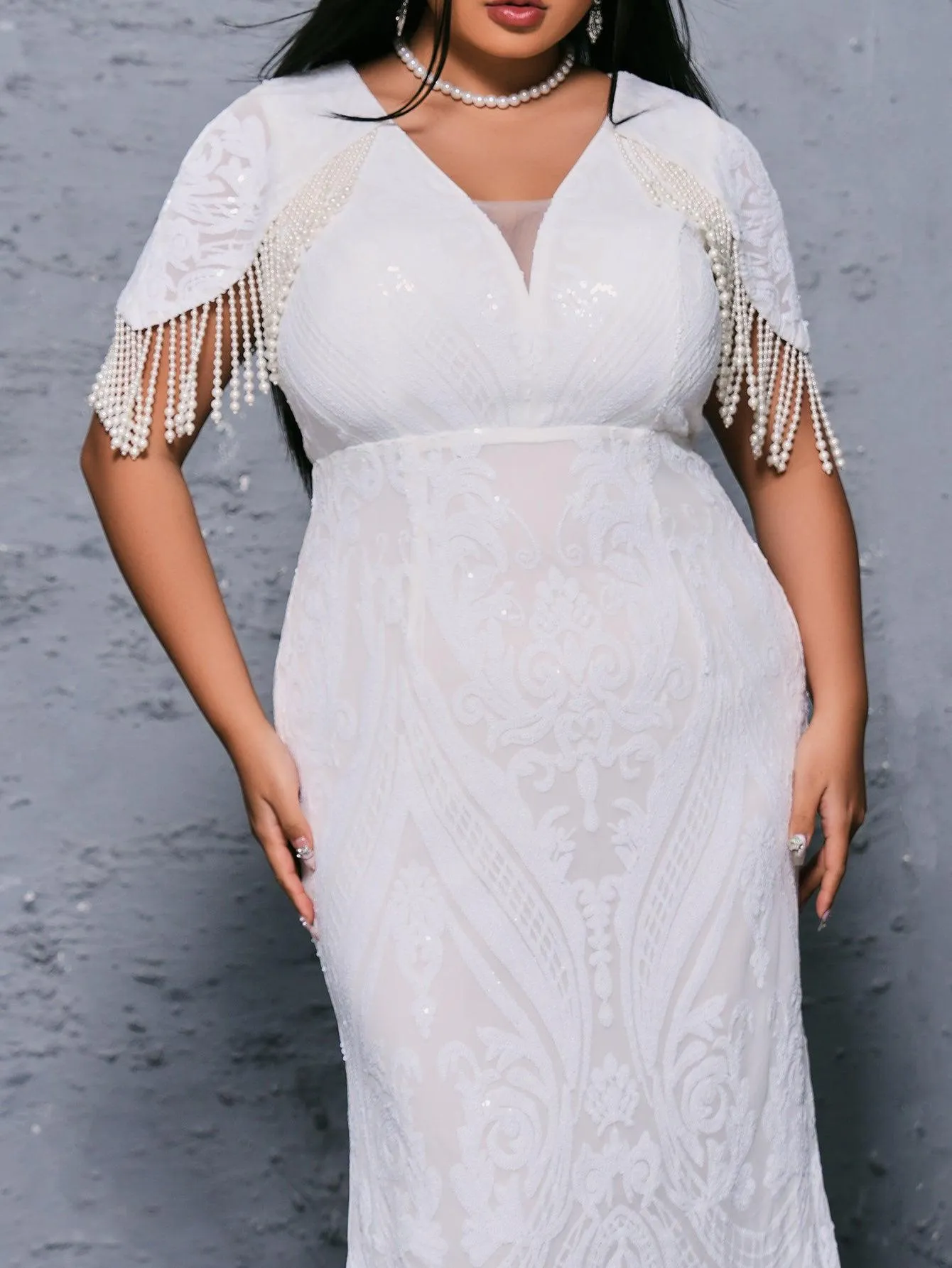Plus V-Neck Pearl White Mermaid Dress PRX70092