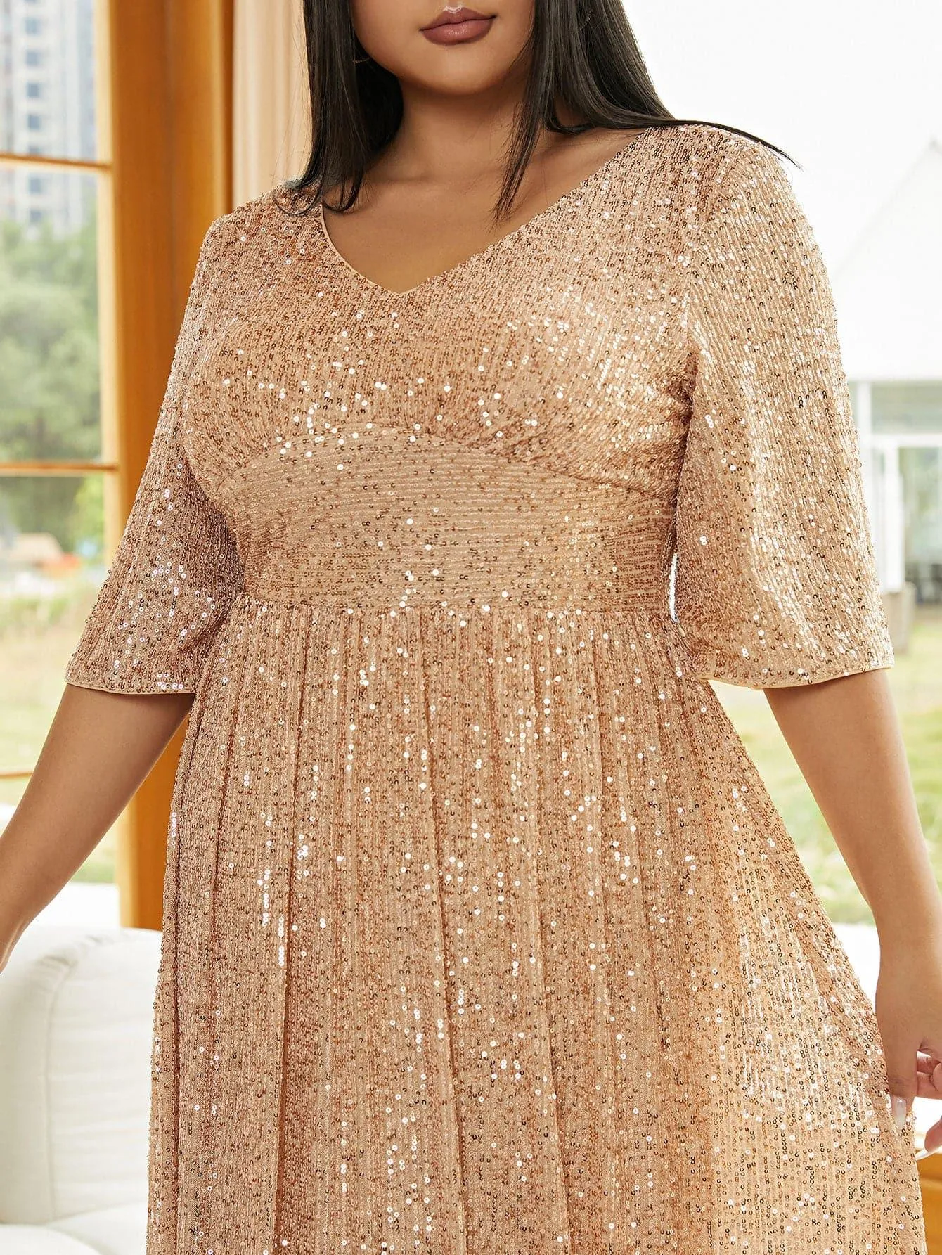 Plus V Neck Sequin Apricot Evening Dress PXJ2647