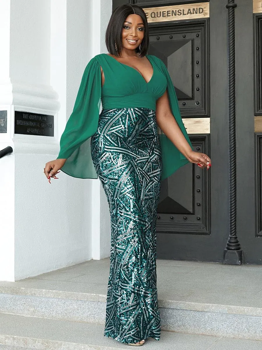 Plus V Neck Sequin Panel Mesh Gown Dress PXH2285