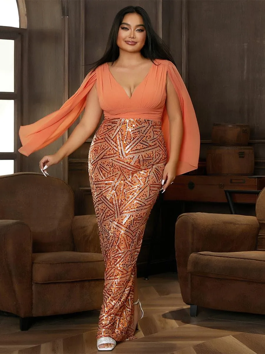 Plus V Neck Sequin Panel Mesh Gown Dress PXH2285