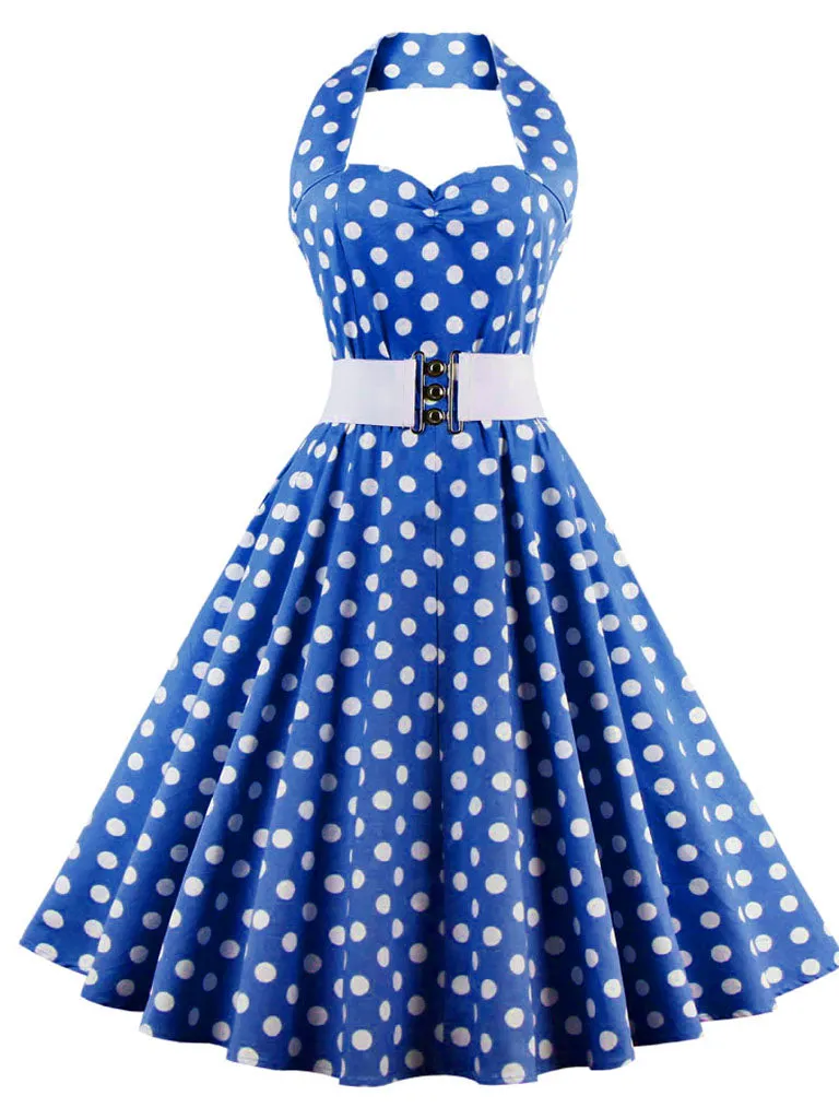 Polka Dots Off the Shoulder High Waist Halter 1950 Dress