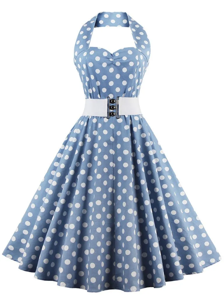 Polka Dots Off the Shoulder High Waist Halter 1950 Dress